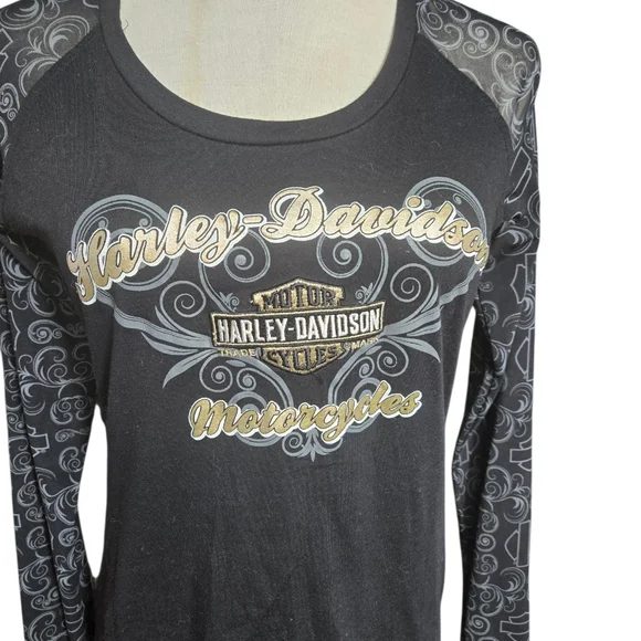 Harley Davidson Black Long Sheer Sleeve Tee Shirt Top - Picture 2 of 7